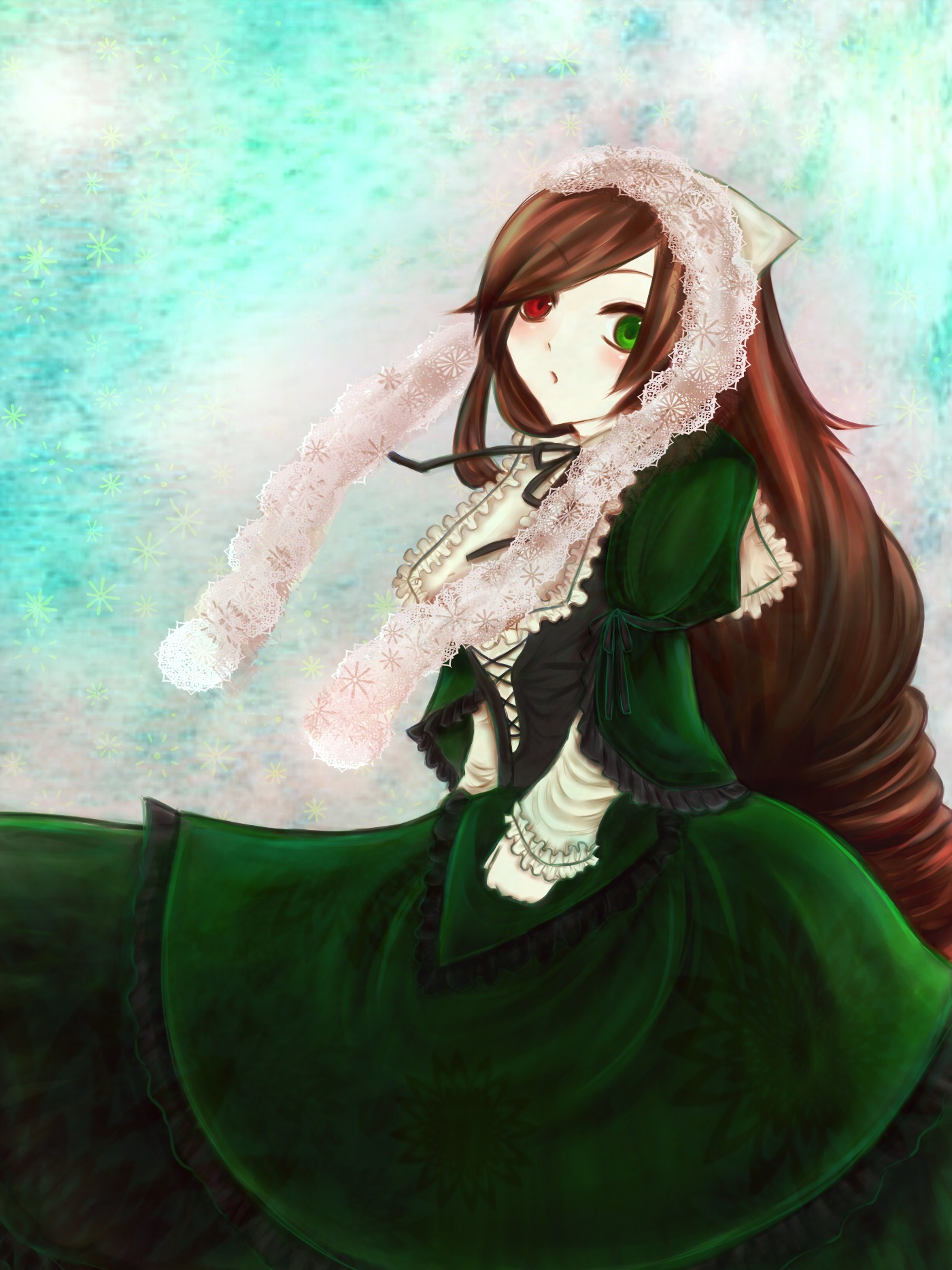 1girl auto_tagged brown_hair dress frills green_dress green_eyes heterochromia image long_hair long_sleeves looking_at_viewer red_eyes solo standing suiseiseki very_long_hair