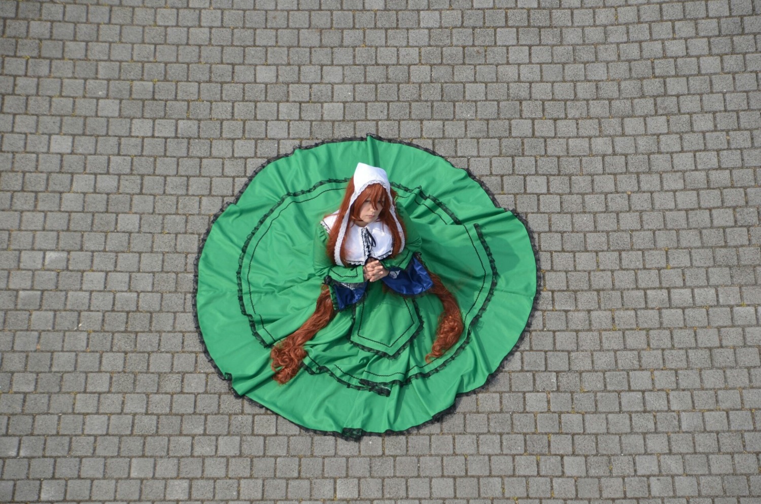 1girl blue_dress brown_hair chain-link_fence closed_eyes dress fence honeycomb_(pattern) honeycomb_background long_hair long_sleeves solo suiseiseki tile_floor tile_wall tiles toilet