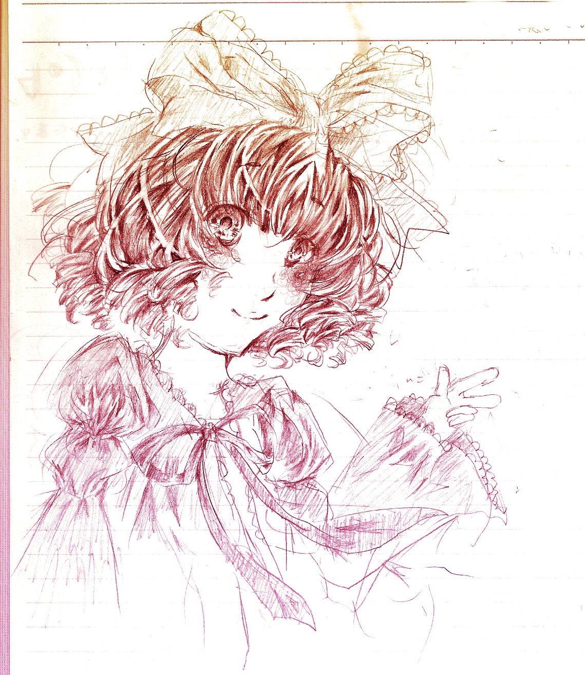 1girl blush bow graphite_(medium) hair_bow hinaichigo image kagiyama_hina looking_at_viewer monochrome ribbon short_hair sketch smile solo traditional_media
