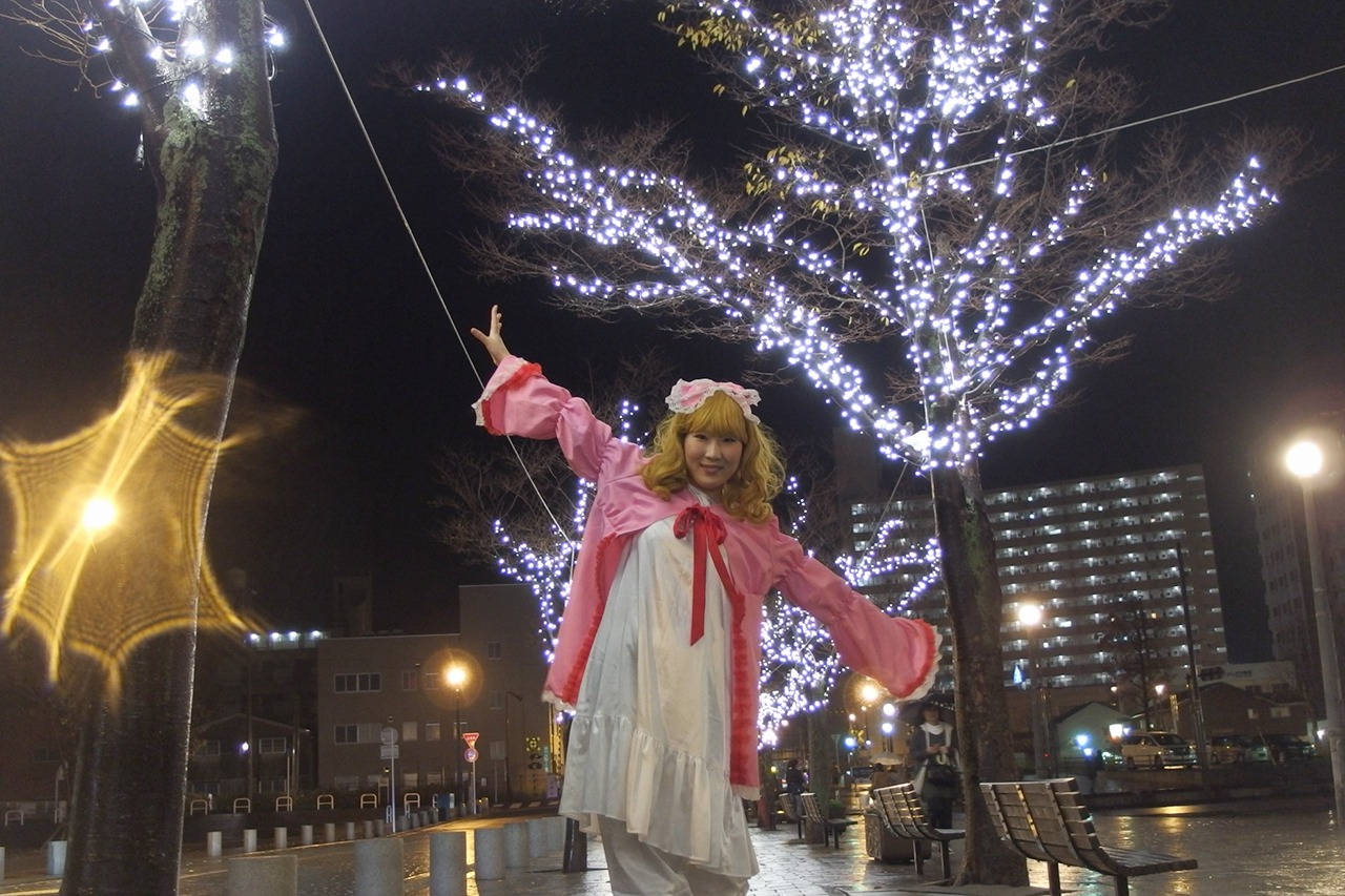 1girl blonde_hair building city cityscape closed_eyes dress hat hinaichigo long_hair long_sleeves night outstretched_arms ribbon sky solo spread_arms wide_sleeves