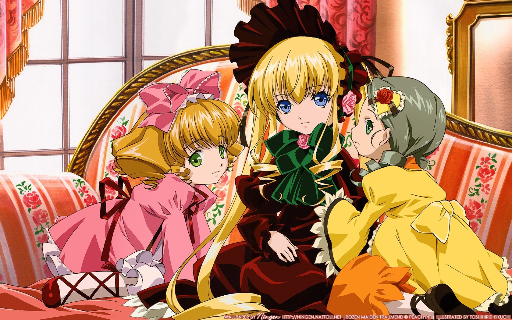3girls bangs blonde_hair blue_eyes bow bowtie cup dress drill_hair frills green_eyes hair_bow hair_ornament hat hina_ichigo image indoors juliet_sleeves long_hair long_sleeves looking_at_viewer multiple multiple_girls pink_bow pink_dress puffy_sleeves shinku shoes sitting smile tagme white_legwear window
