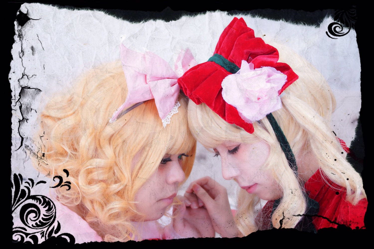 1girl blonde_hair bow closed_eyes flower hair_ornament letterboxed lips long_hair multiple_cosplay portrait profile solo tagme tears
