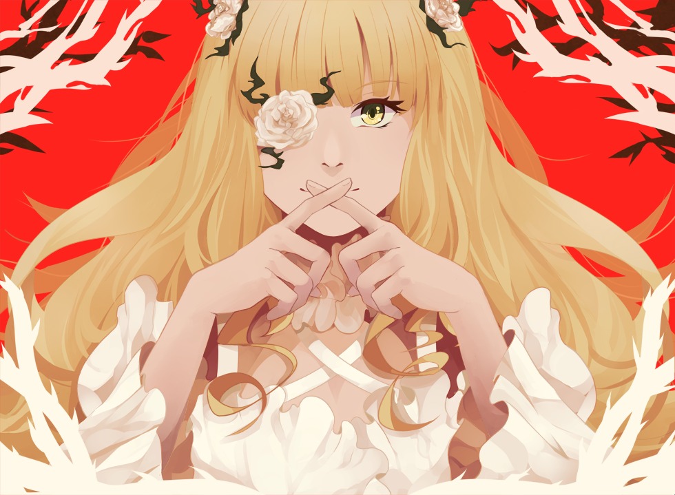 1girl bangs blonde_hair closed_mouth dress eyepatch flower frills hair_flower hair_ornament image kirakishou long_hair long_sleeves looking_at_viewer red_background rose solo upper_body white_flower white_rose wide_sleeves yellow_eyes