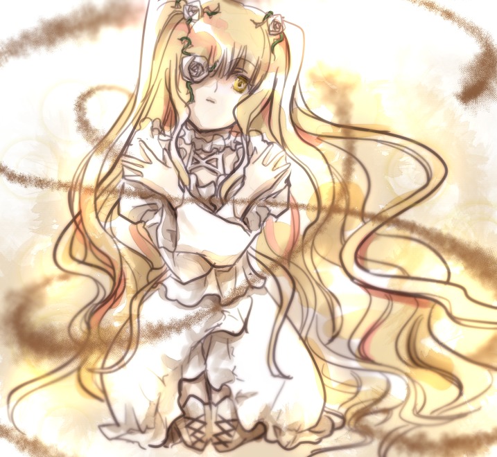 1girl blonde_hair dress eyepatch flower frills hair_flower image kirakishou long_hair long_sleeves rose solo very_long_hair wavy_hair white_dress wide_sleeves yellow_eyes