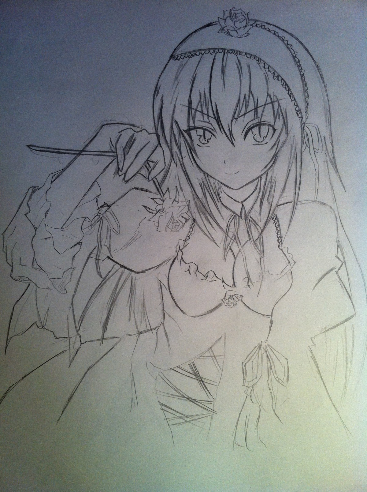1girl breasts closed_mouth dress eyebrows_visible_through_hair flower hairband holding_flower image long_sleeves looking_at_viewer monochrome rose smile solo suigintou traditional_media