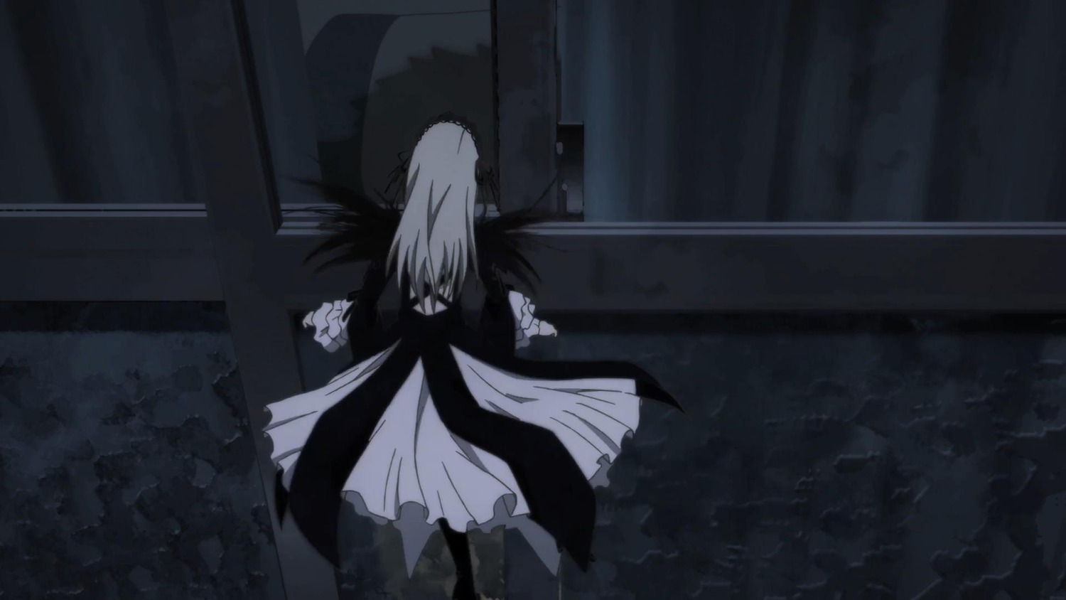 1girl bat_wings dress greyscale image long_sleeves maid_headdress monochrome remilia_scarlet solo standing suigintou wings
