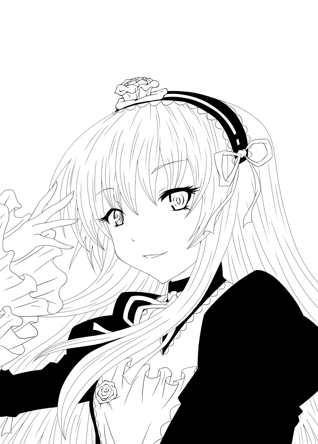 1girl blush dress greyscale hairband image long_hair long_sleeves looking_at_viewer monochrome smile solo striped striped_background suigintou upper_body
