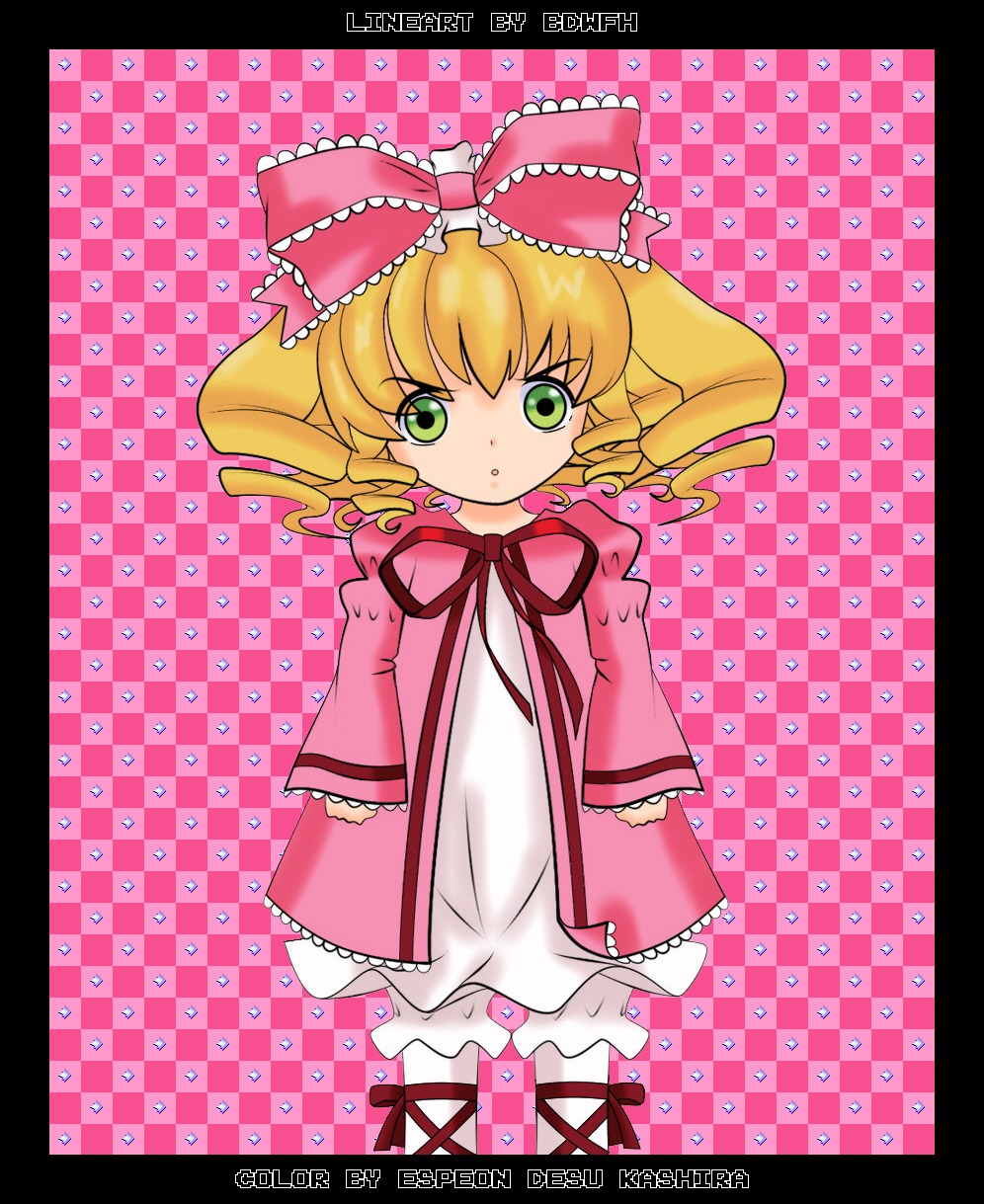 1girl black_border blonde_hair border bow copyright_name dress full_body green_eyes hair_bow halftone halftone_background hina_ichigo hinaichigo image letterboxed long_sleeves looking_at_viewer pantyhose pillarboxed pink_bow pink_dress polka_dot polka_dot_background solo standing watermark web_address windowboxed