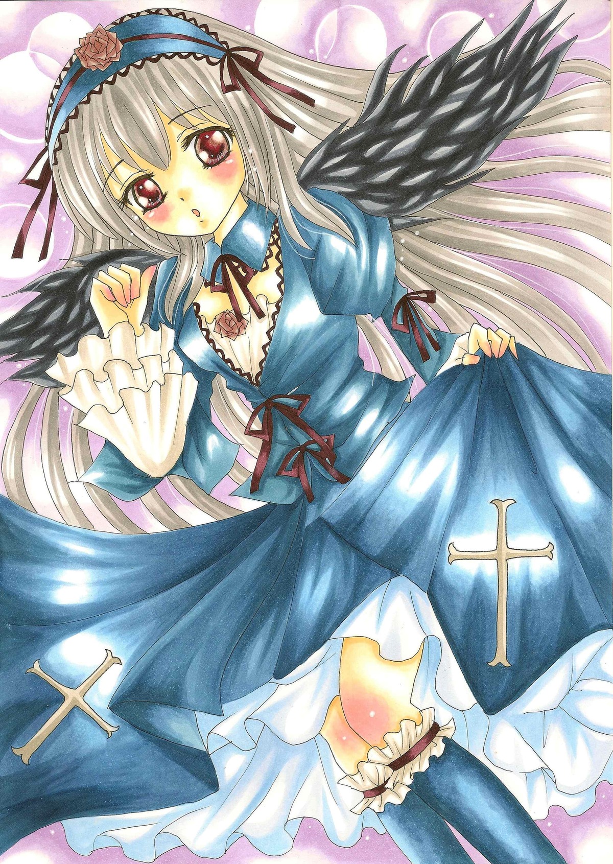 1girl auto_tagged black_wings blue_dress blush colored_pencil_(medium) cross dress feathered_wings feathers flower frills hairband image lolita_fashion long_hair long_sleeves looking_at_viewer marker_(medium) pastel_(medium) red_eyes ribbon rose silver_hair solo star_(symbol) suigintou traditional_media watercolor_(medium) wings