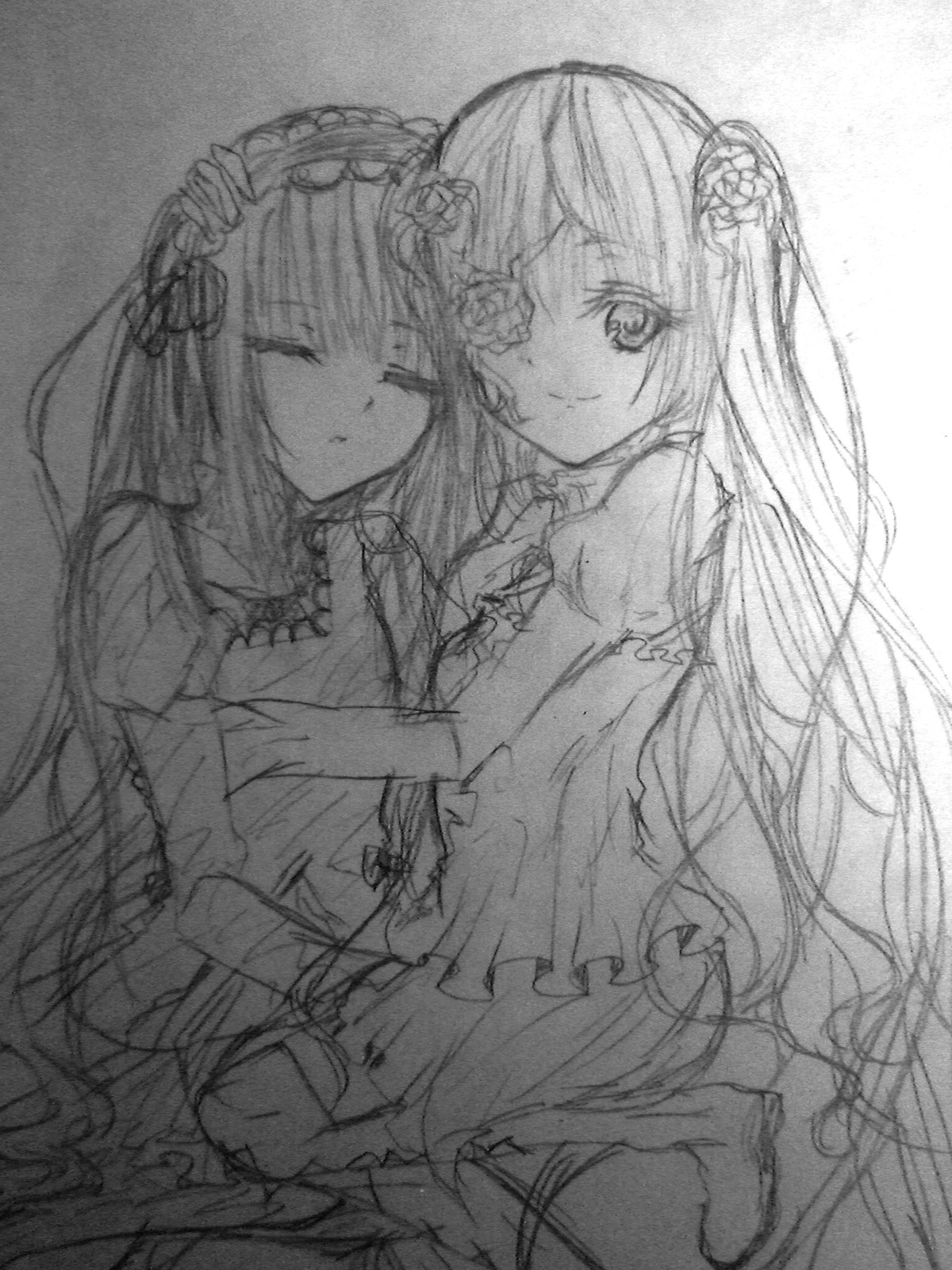 2girls akemi_homura bare_shoulders choker closed_eyes dress elbow_gloves flower greyscale hair_flower image kaname_madoka kirakishou long_hair monochrome multiple_girls pair rose smile suigintou traditional_media