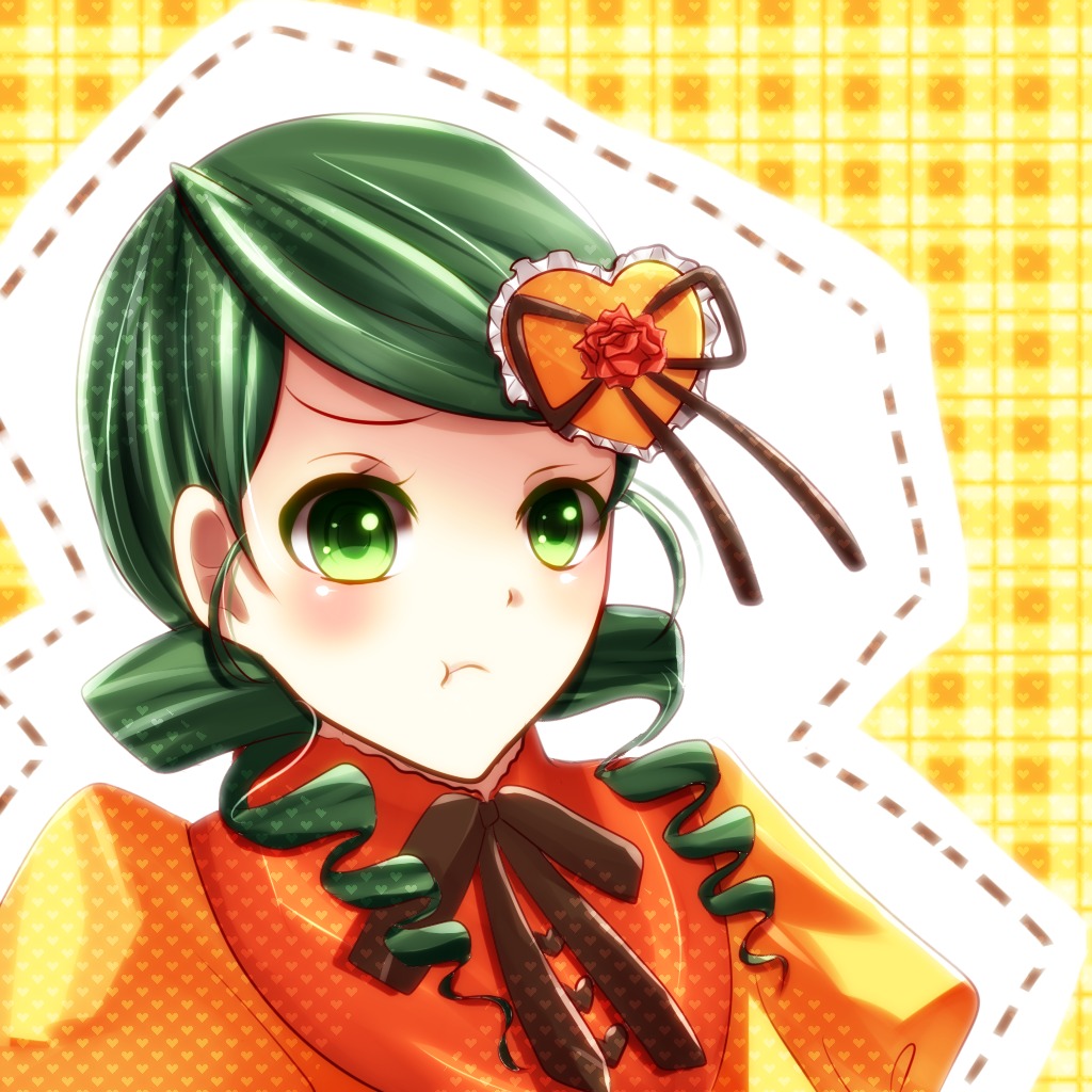 1girl blush dress green_eyes green_hair hair_ribbon image kanaria looking_at_viewer orange_background pout ribbon solo upper_body
