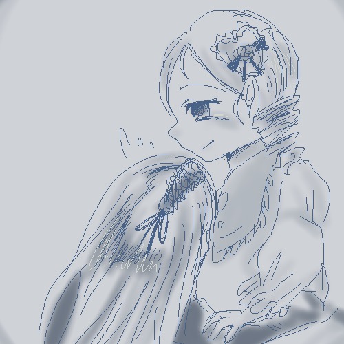 1girl bare_shoulders blue_theme blush closed_mouth flying_sweatdrops from_side hair_ornament image kanaria long_sleeves monochrome pair profile simple_background sketch smile solo suigintou upper_body