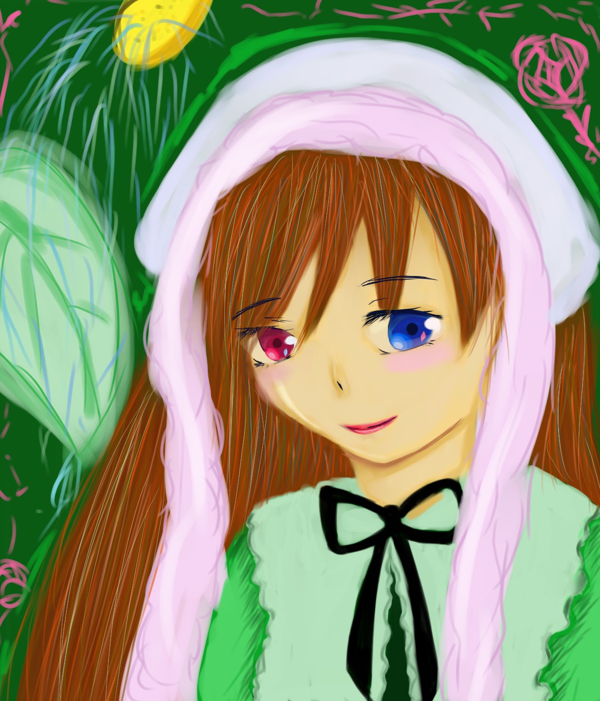 1girl bangs blue_eyes brown_hair green_background hat heterochromia image long_hair looking_at_viewer ribbon simple_background smile solo suiseiseki