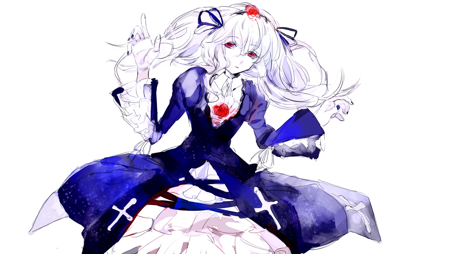 1girl dress flower hair_flower hair_ornament hair_ribbon image long_hair long_sleeves red_eyes red_flower red_rose ribbon rose solo suigintou twintails white_hair
