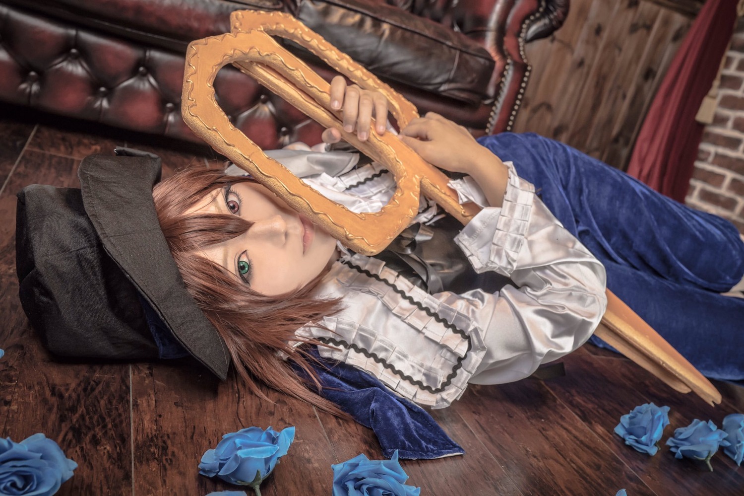 brown_hair flower frills green_eyes hat heterochromia long_hair long_sleeves looking_at_viewer red_eyes sitting solo souseiseki suiseiseki