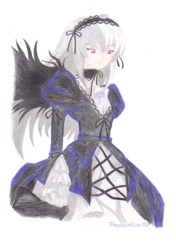 1girl auto_tagged black_ribbon black_wings dress flower frills hairband image long_hair long_sleeves looking_at_viewer puffy_sleeves red_eyes simple_background solo suigintou white_background wings