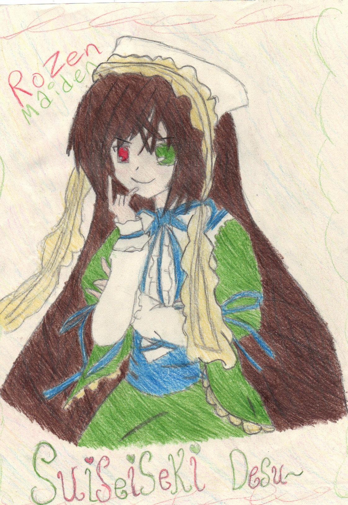 1girl brown_hair dress english_text frills green_eyes image long_hair long_sleeves looking_at_viewer red_eyes ribbon smile solo suiseiseki traditional_media very_long_hair