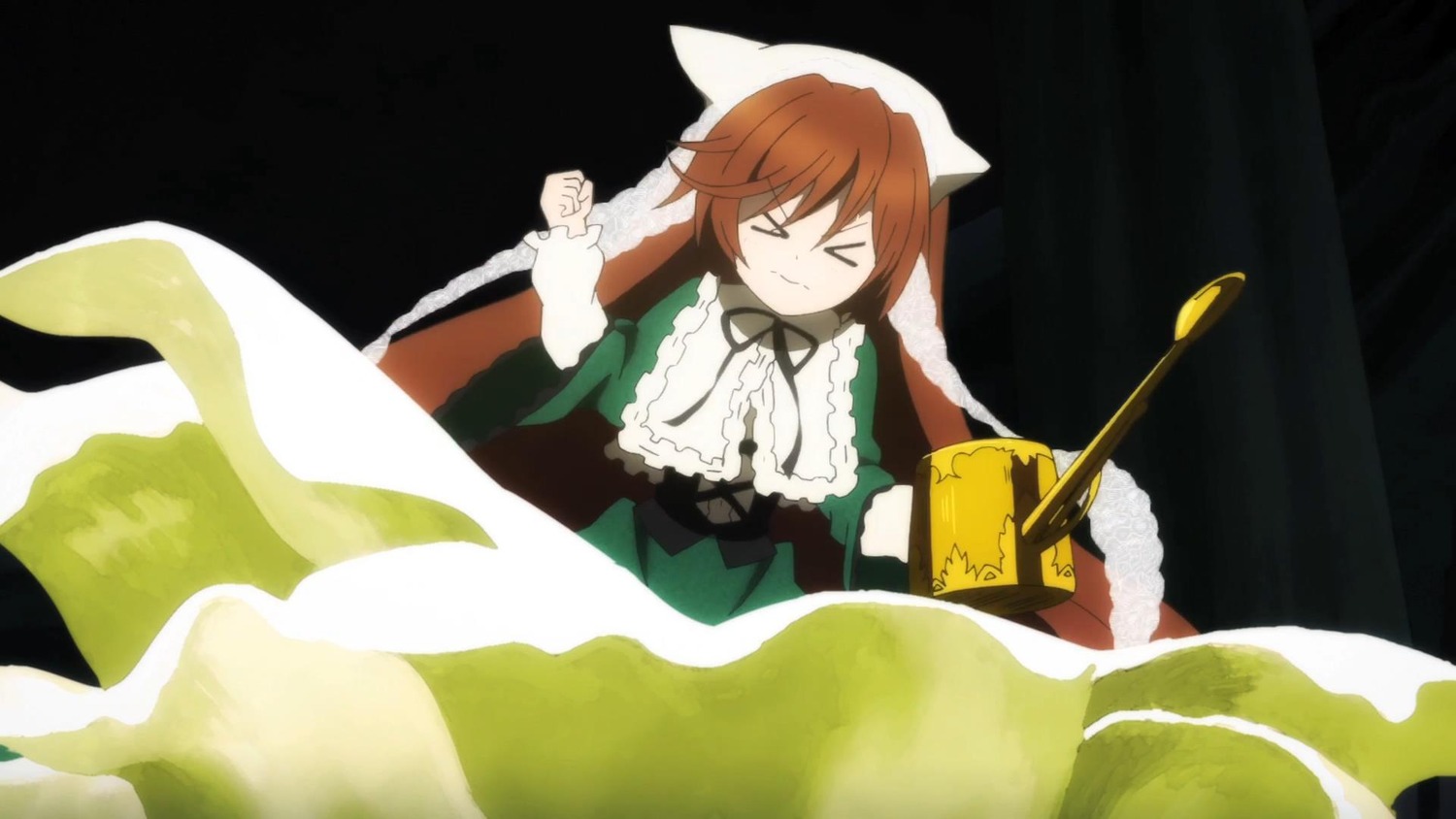 1girl >_< brown_hair closed_eyes dress green_dress image long_hair long_sleeves solo suiseiseki