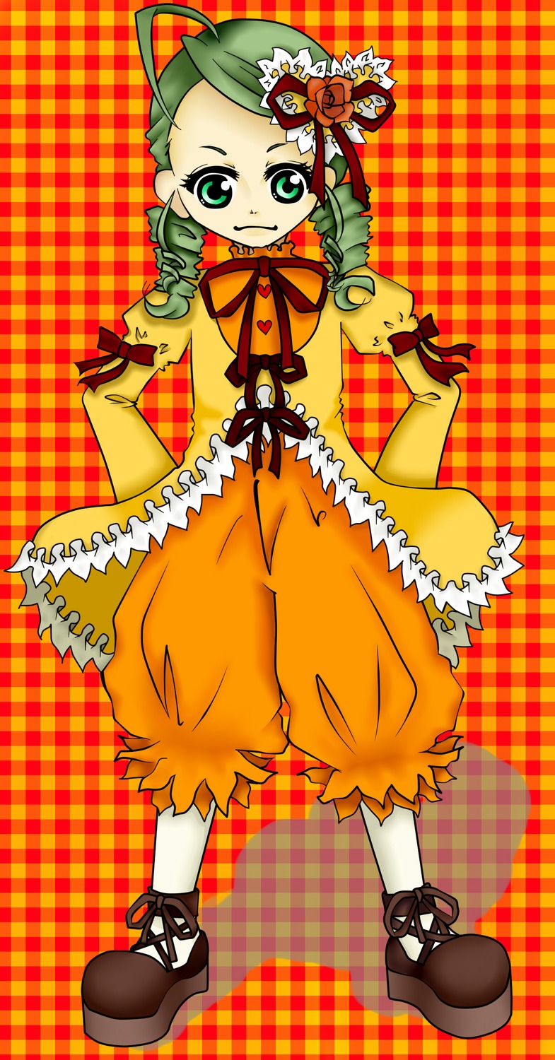 1girl ahoge argyle argyle_background bloomers bow checkered checkered_background checkered_floor dress drill_hair full_body green_eyes green_hair image kanaria long_sleeves plaid plaid_background solo twin_drills