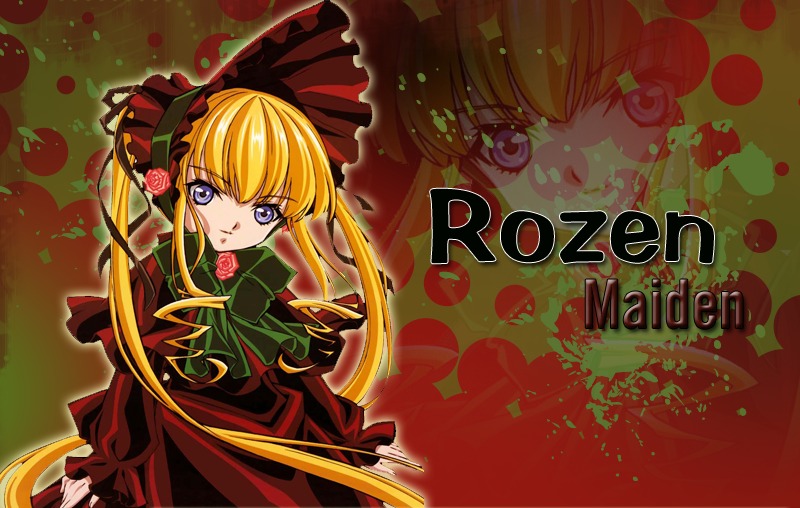 1girl blonde_hair blue_eyes bonnet bow bowtie dress flower green_bow image long_hair long_sleeves looking_at_viewer pink_rose red_dress rose shinku solo twintails