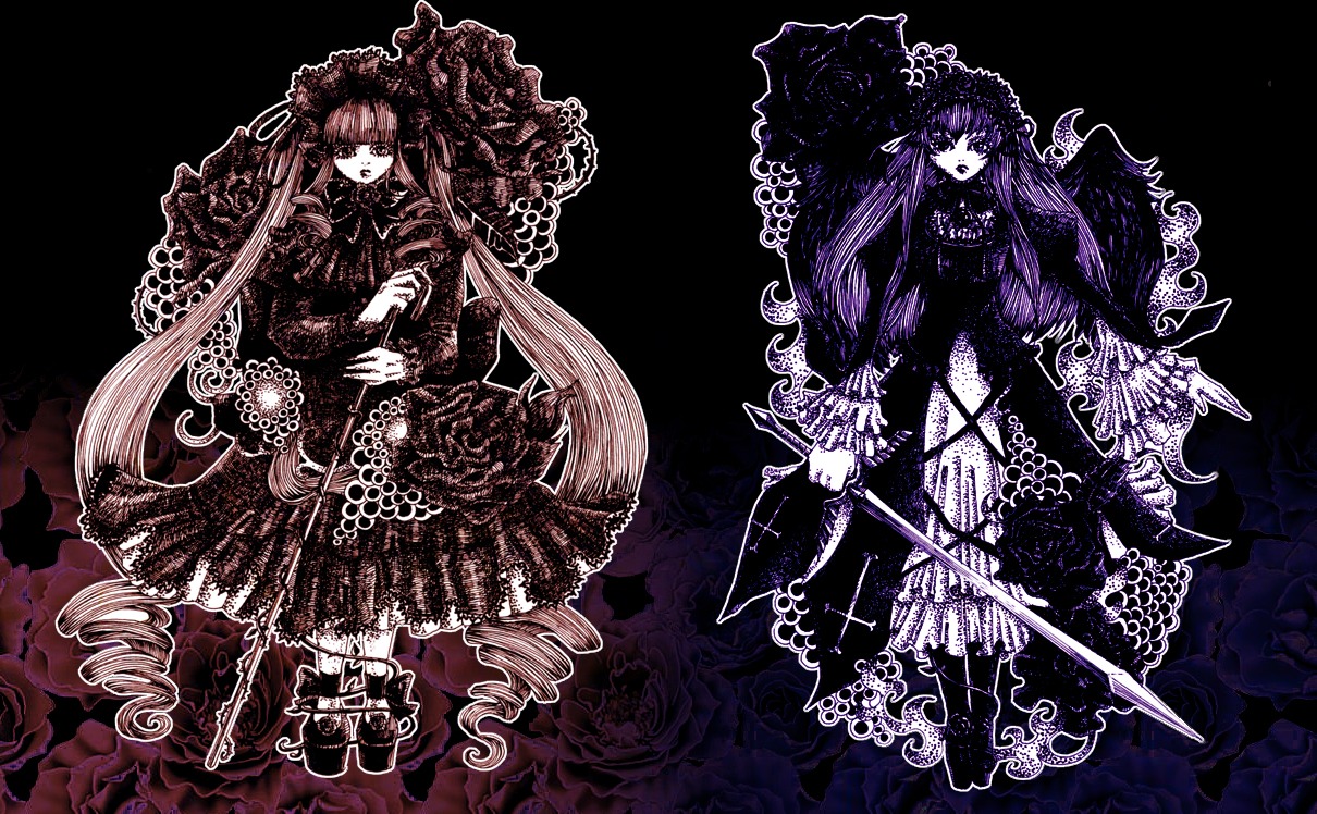 2girls absurdly_long_hair dress drill_hair flower frills full_body image long_hair monochrome multiple_girls pair rose shinku suigintou symmetry twintails very_long_hair