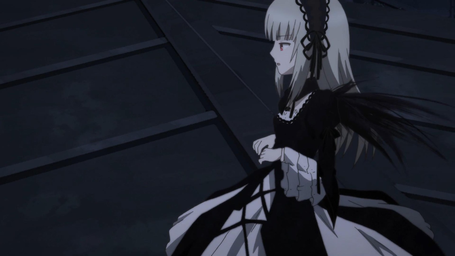 1girl black_ribbon black_wings dress frills hairband image juliet_sleeves long_hair long_sleeves profile red_eyes ribbon silver_hair solo suigintou very_long_hair wings