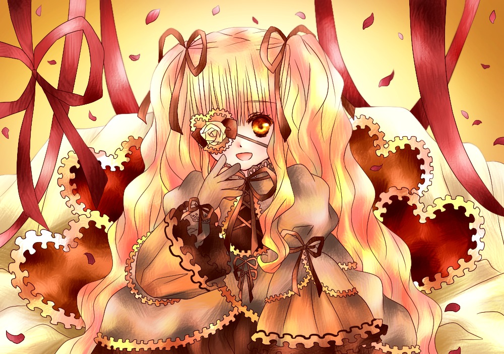 1girl blonde_hair dress eyepatch flower frills hair_ribbon image kirakishou long_hair open_mouth petals ribbon rose rose_petals smile solo twintails very_long_hair yellow_eyes