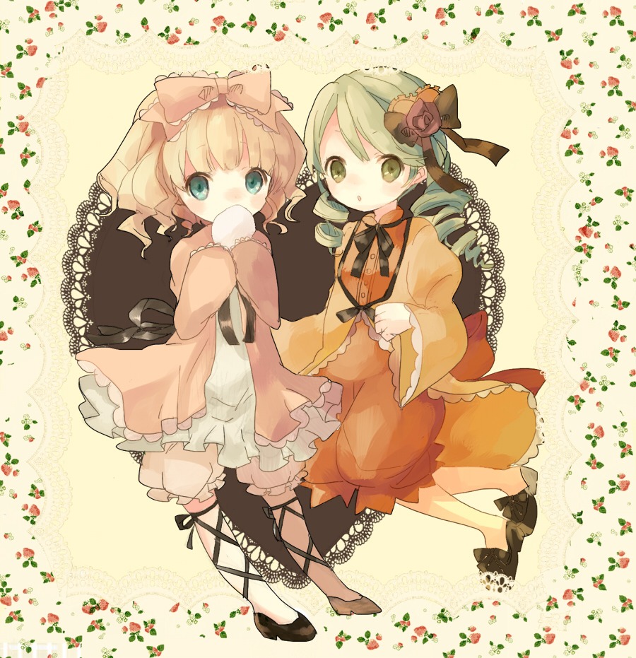 2girls :o aqua_eyes blonde_hair bloomers bow commentary_request cross-laced_footwear dress drill_hair flower green_eyes green_hair hair_bow hair_ornament hina_ichigo hinaichigo image kanaria looking_at_viewer mugiyu multiple_girls pair pink_bow ribbon rose rozen_maiden short_hair siblings sisters