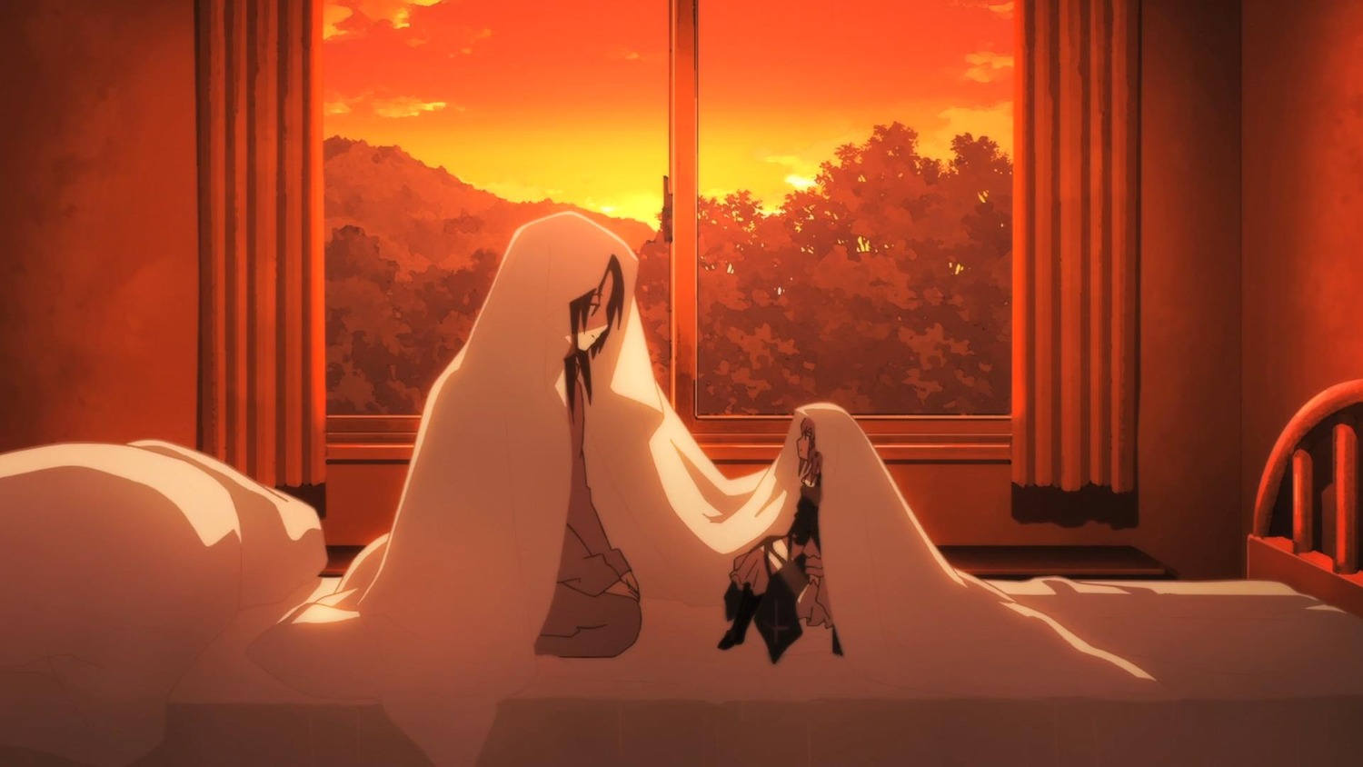 1girl cloud curtains evening image orange_sky orange_theme red_sky sky solo suigintou sun sunset