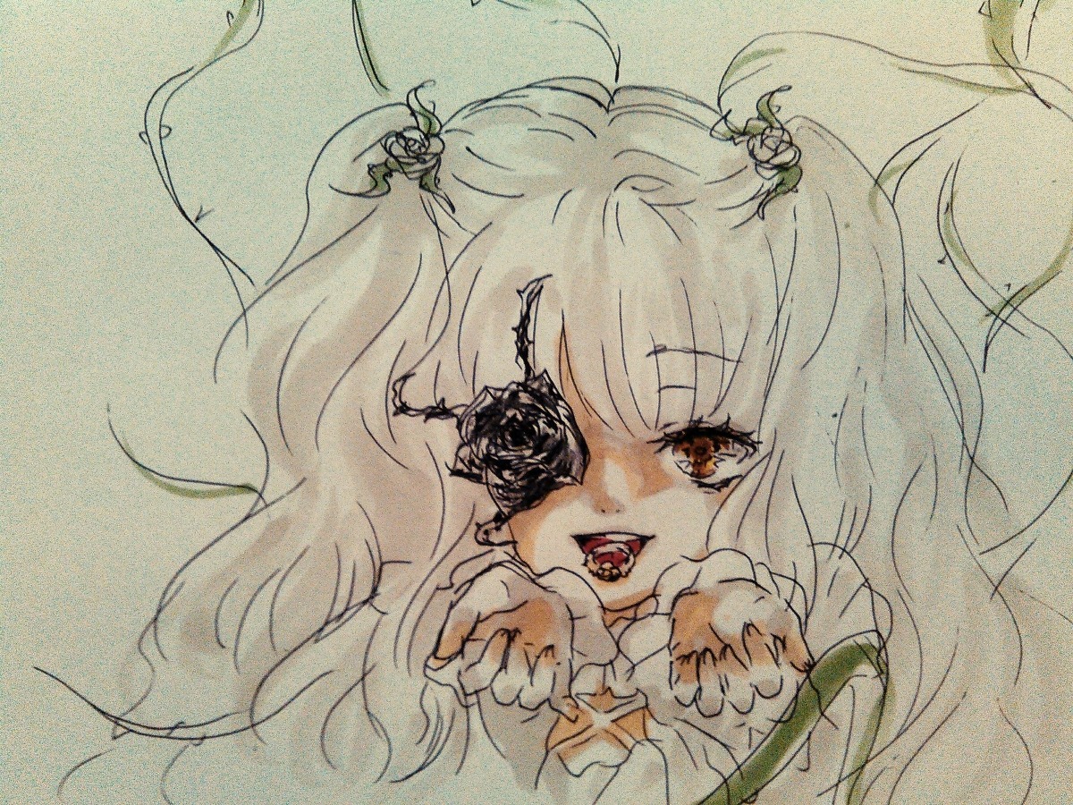 1girl flower hair_flower hair_ornament image kirakishou long_hair monochrome open_mouth rose solo traditional_media