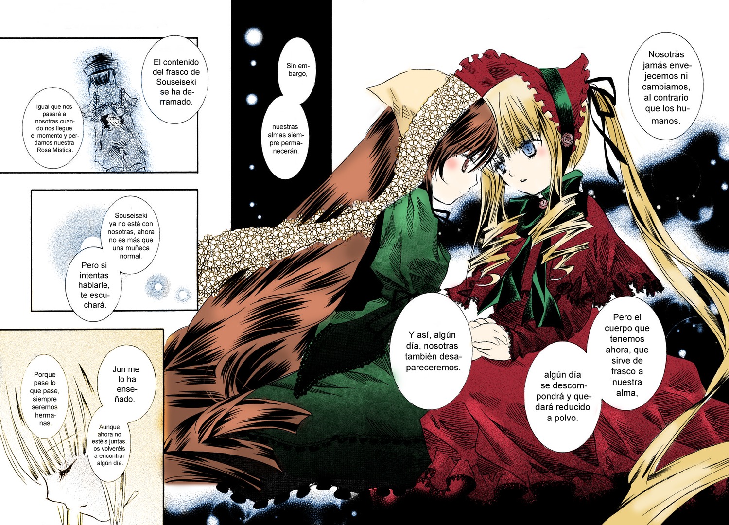 2girls blonde_hair blue_eyes bonnet brown_hair chinese_text comic dress english_text eye_contact hat head_scarf image long_hair long_sleeves multiple_girls pair red_dress shinku suigintou suiseiseki twintails very_long_hair yuri