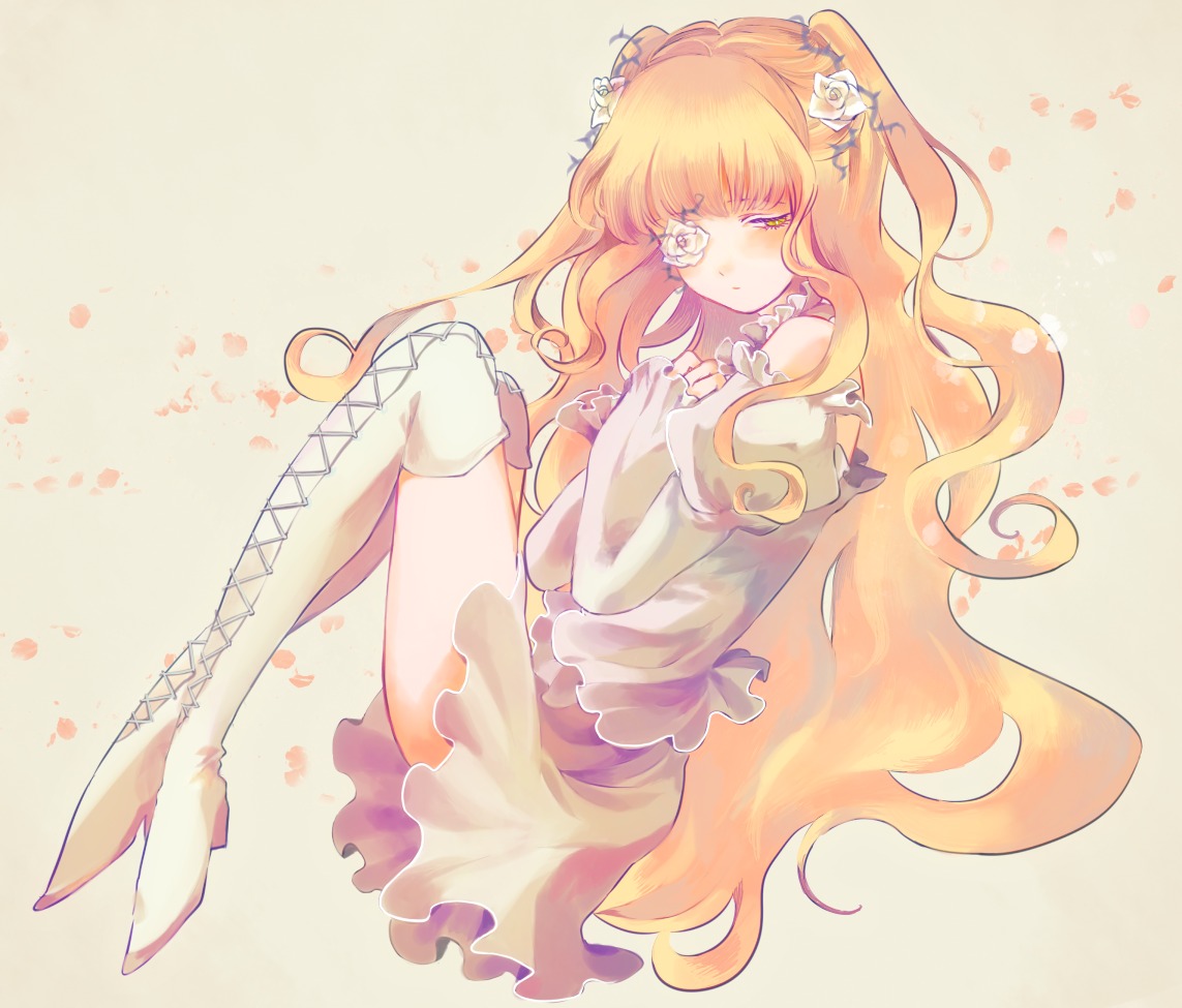 1girl blonde_hair boots choker cross-laced_footwear dress flower hair_flower hair_ornament heart image kirakishou knee_boots long_hair magical_girl orange_hair rose solo striped striped_legwear thigh_boots thighhighs vertical-striped_legwear vertical_stripes wavy_hair yellow_eyes
