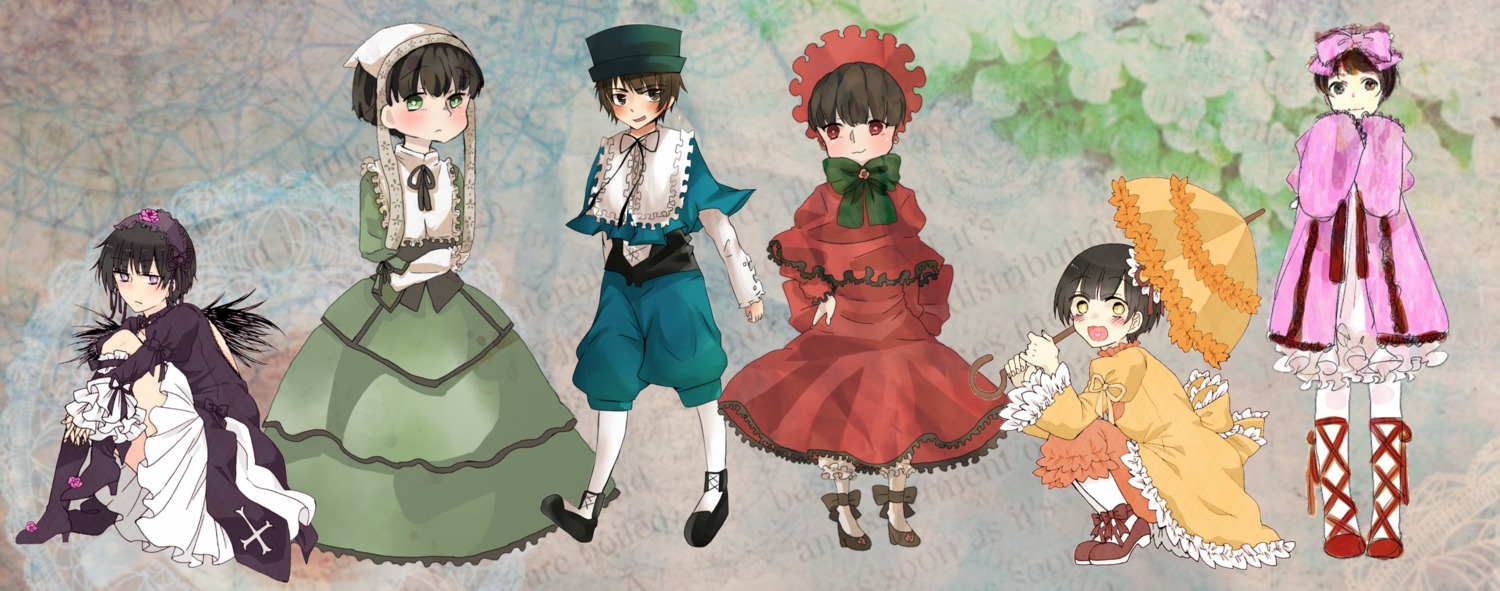1girl bangs black_footwear blue_dress bonnet boots bow brown_hair capelet cross-laced_footwear dress flower frilled_dress frills green_eyes hair_flower hair_ornament hairband hat holding holding_umbrella image kimono lolita_fashion long_sleeves looking_at_viewer multiple open_mouth pantyhose pink_dress school_uniform shoes short_hair sleeves_past_wrists smile standing tagme umbrella white_legwear wings