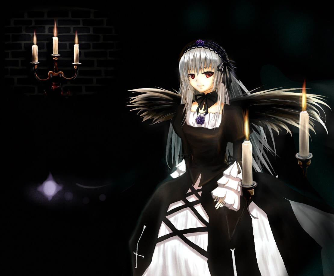 1girl black_background black_dress black_wings dress flower frills hairband image long_hair long_sleeves looking_at_viewer red_eyes rose silver_hair solo standing suigintou weapon wings