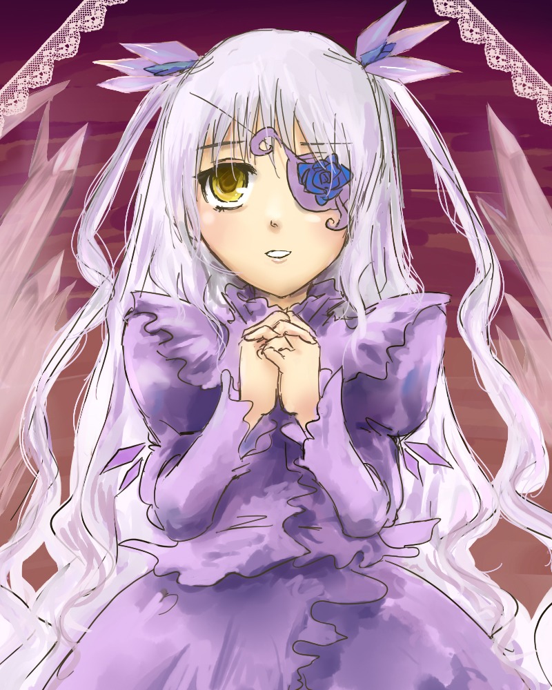 1girl barasuishou dress eyepatch hands_clasped hands_together image interlocked_fingers juliet_sleeves long_hair long_sleeves looking_at_viewer own_hands_together purple_dress silver_hair solo very_long_hair wings yellow_eyes