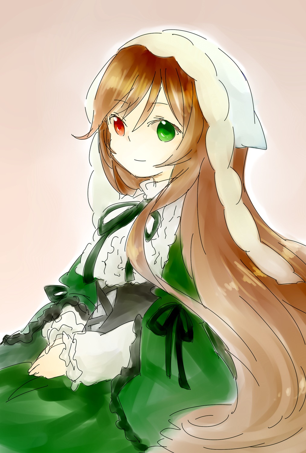 1girl brown_hair dress frills green_dress green_eyes head_scarf heterochromia image long_hair long_sleeves looking_at_viewer looking_back red_eyes simple_background smile solo suiseiseki very_long_hair