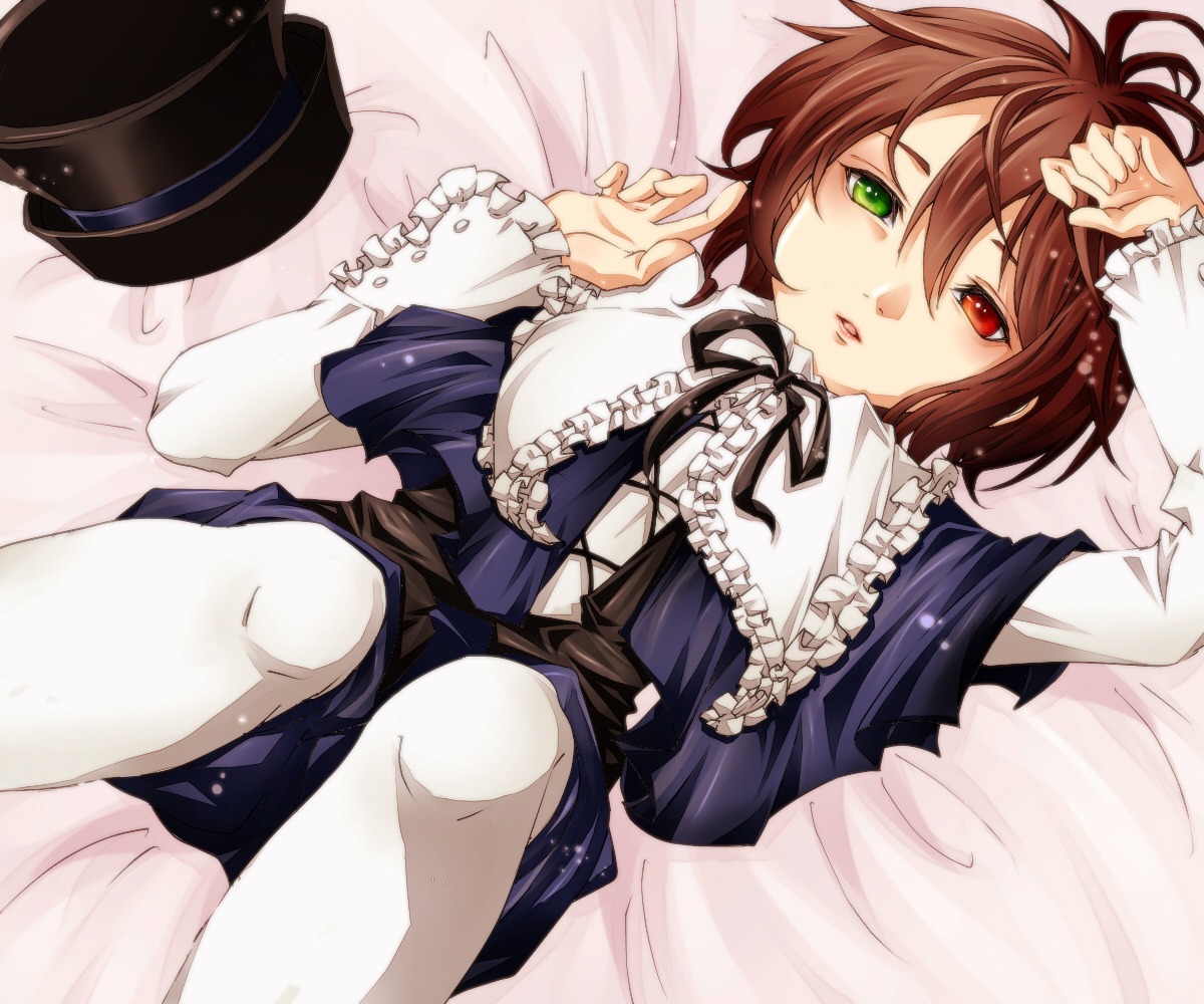 brown_hair crossdressing dress frills green_eyes hat hat_removed headwear_removed heterochromia image lolita_fashion long_sleeves lying on_back pantyhose red_eyes ribbon short_hair solo souseiseki top_hat white_legwear