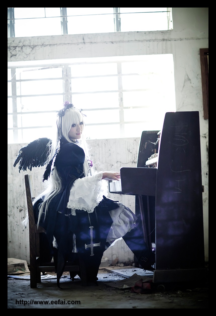 1girl apron dress indoors letterboxed long_hair silver_hair solo suigintou window wings