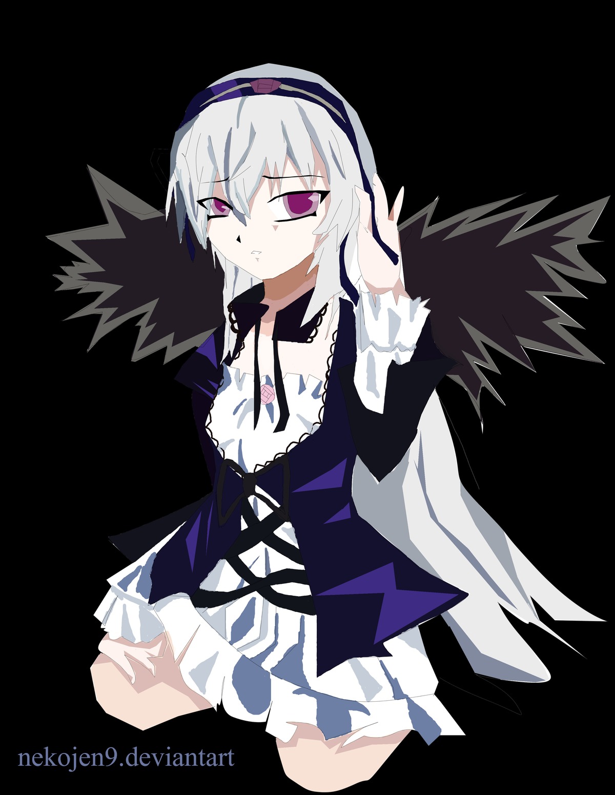1girl breasts cowboy_shot dress frills hairband image long_sleeves purple_eyes solo suigintou underwear