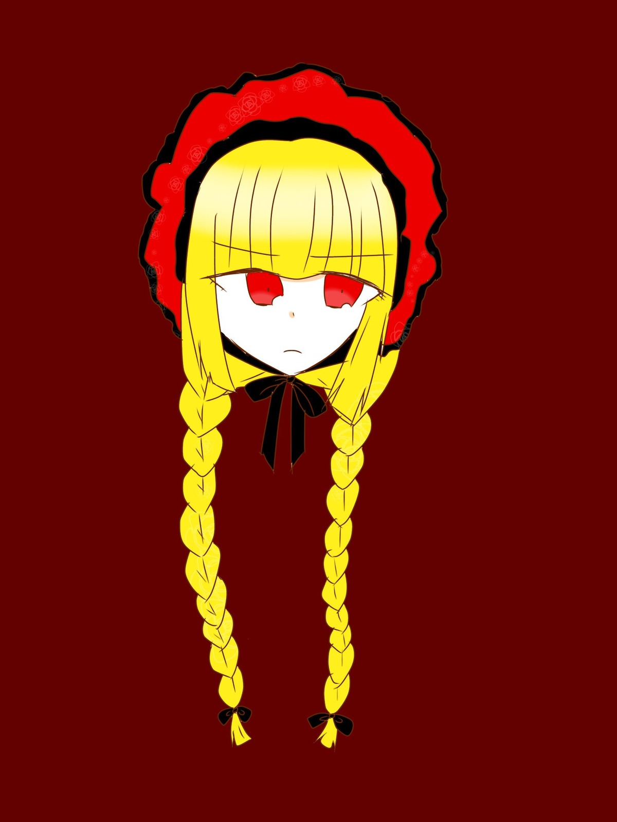 1girl blonde_hair bow braid closed_mouth eyebrows_visible_through_hair image long_hair looking_at_viewer red_background red_eyes red_theme shinku simple_background solo twin_braids