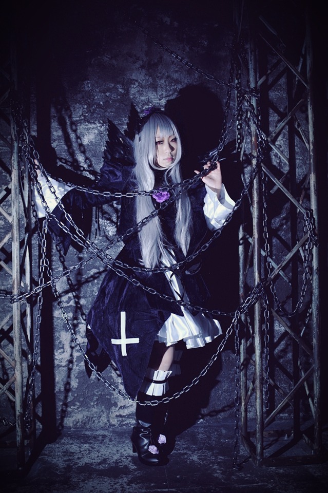 1girl anchor ankle_cuffs bound broken broken_chain chain chained cuffs flail gold_chain handcuffs long_hair pocket_watch restrained shackles sickle solo suigintou swing