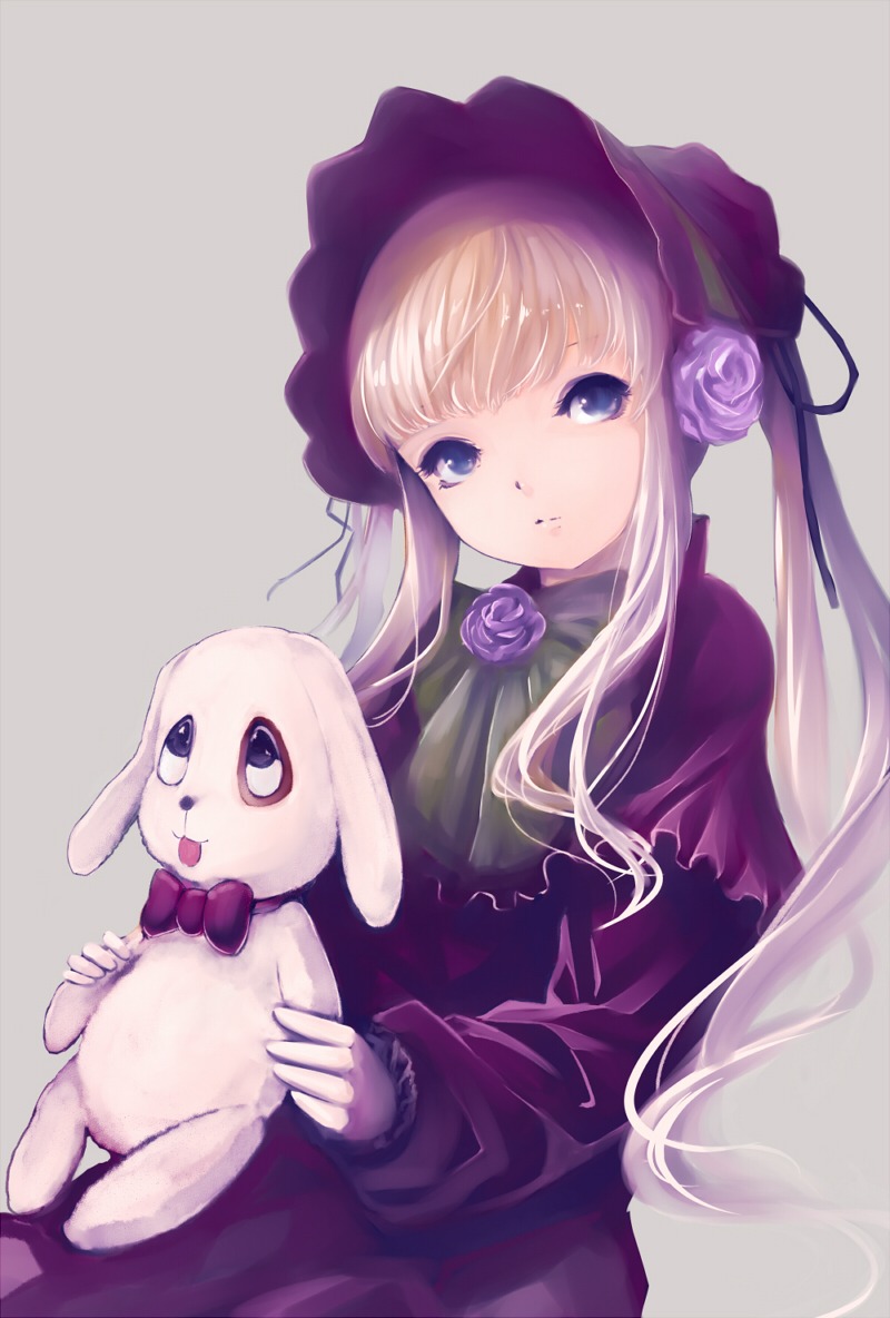 1girl blonde_hair blue_eyes bonnet dog dress flower hat image long_hair long_sleeves pink_rose purple_dress purple_flower purple_rose rose shinku simple_background solo stuffed_animal