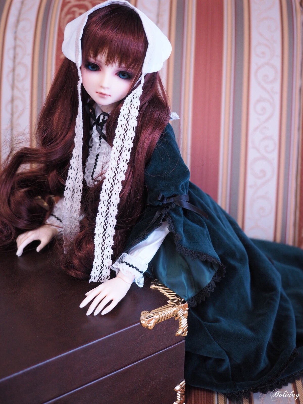 1girl bangs blue_eyes brown_hair curtains doll dress frills lace lolita_fashion long_hair long_sleeves looking_at_viewer solo suiseiseki