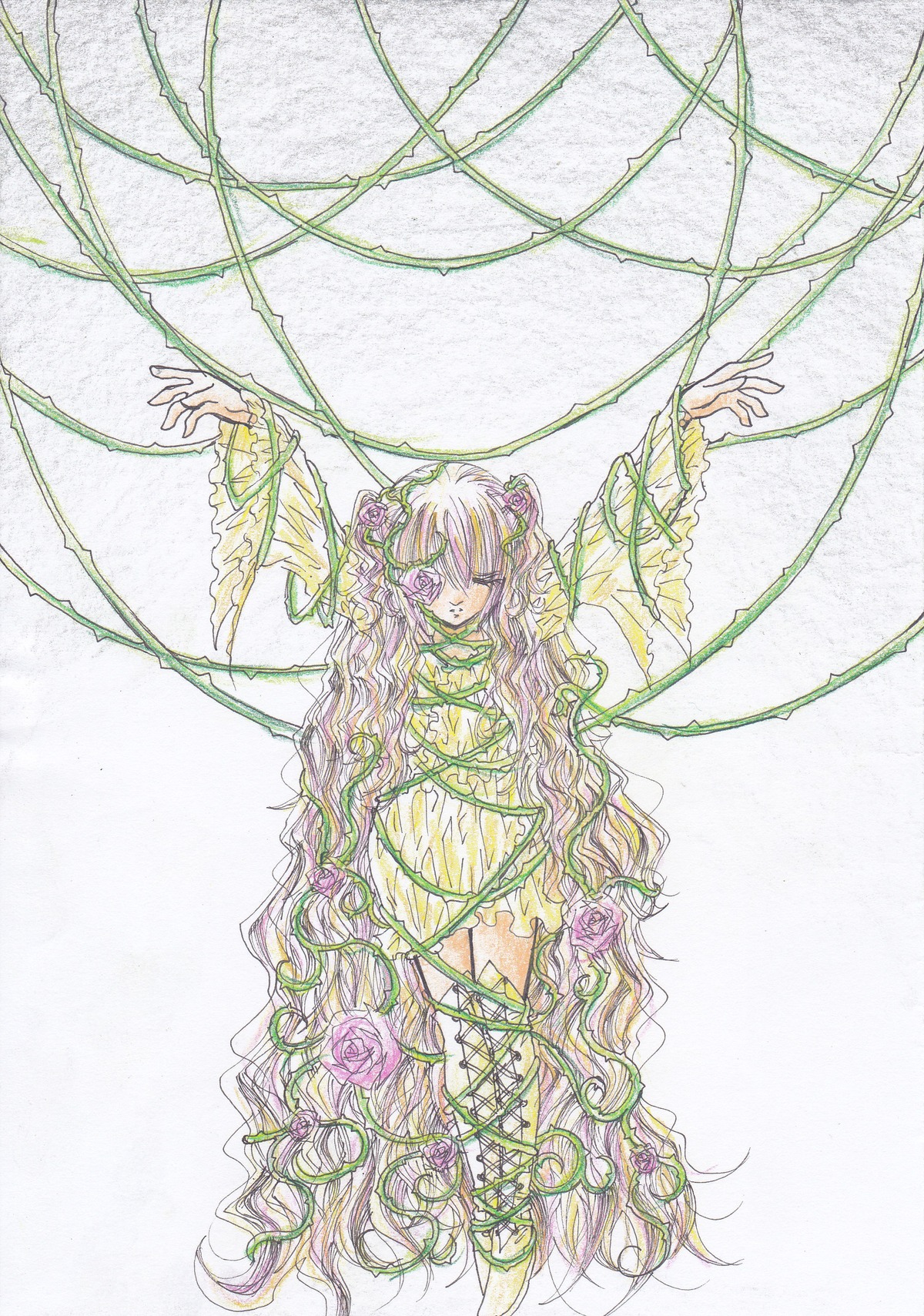 1girl arms_up dress flower hair_flower hair_ornament image kirakishou long_hair plant rose solo thorns traditional_media very_long_hair vines