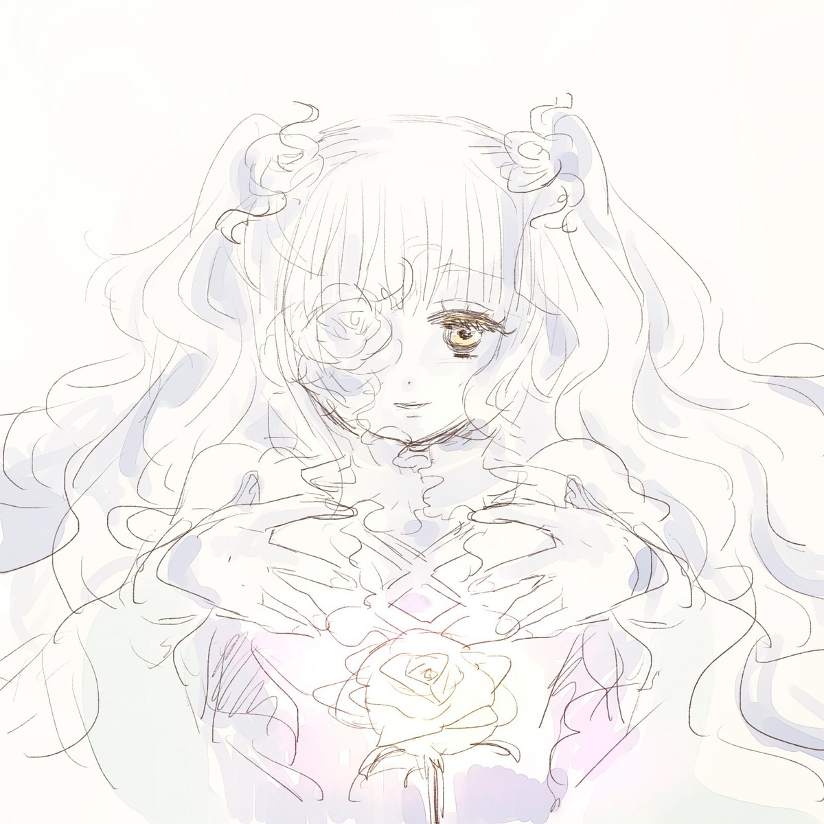 1girl dress eyepatch flower hair_ornament image kirakishou long_hair monochrome rose solo striped wavy_hair yellow_eyes