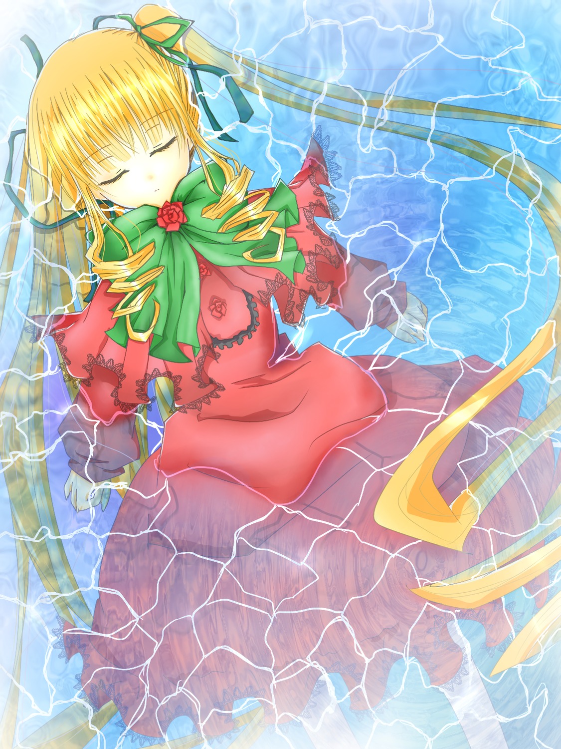 1girl afloat blonde_hair closed_eyes dress drill_hair flower hair_ribbon image long_hair long_sleeves lying on_back red_flower red_rose ribbon rose shinku solo water