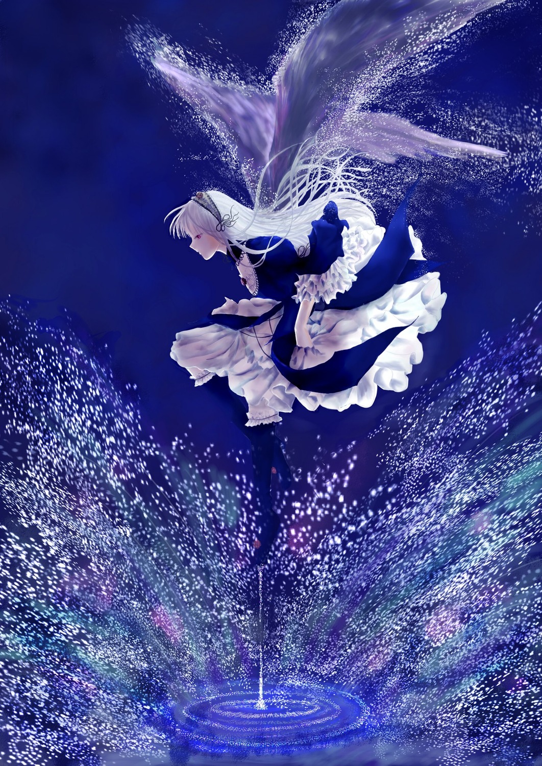 1girl apron dress frills image long_hair long_sleeves night night_sky profile sky solo star_(sky) starry_sky suigintou