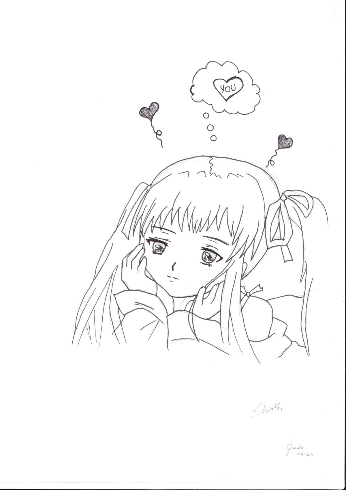 1girl blush greyscale hair_ribbon hands_on_own_cheeks hands_on_own_face image long_hair monochrome ribbon shinku solo striped twintails