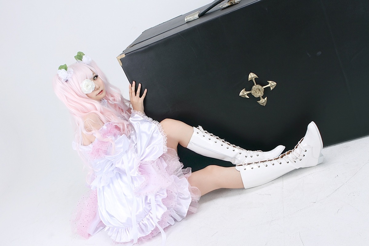 1girl boots dress frills hair_ornament kirakishou knee_boots lips long_hair pink_hair sitting solo white_dress white_footwear