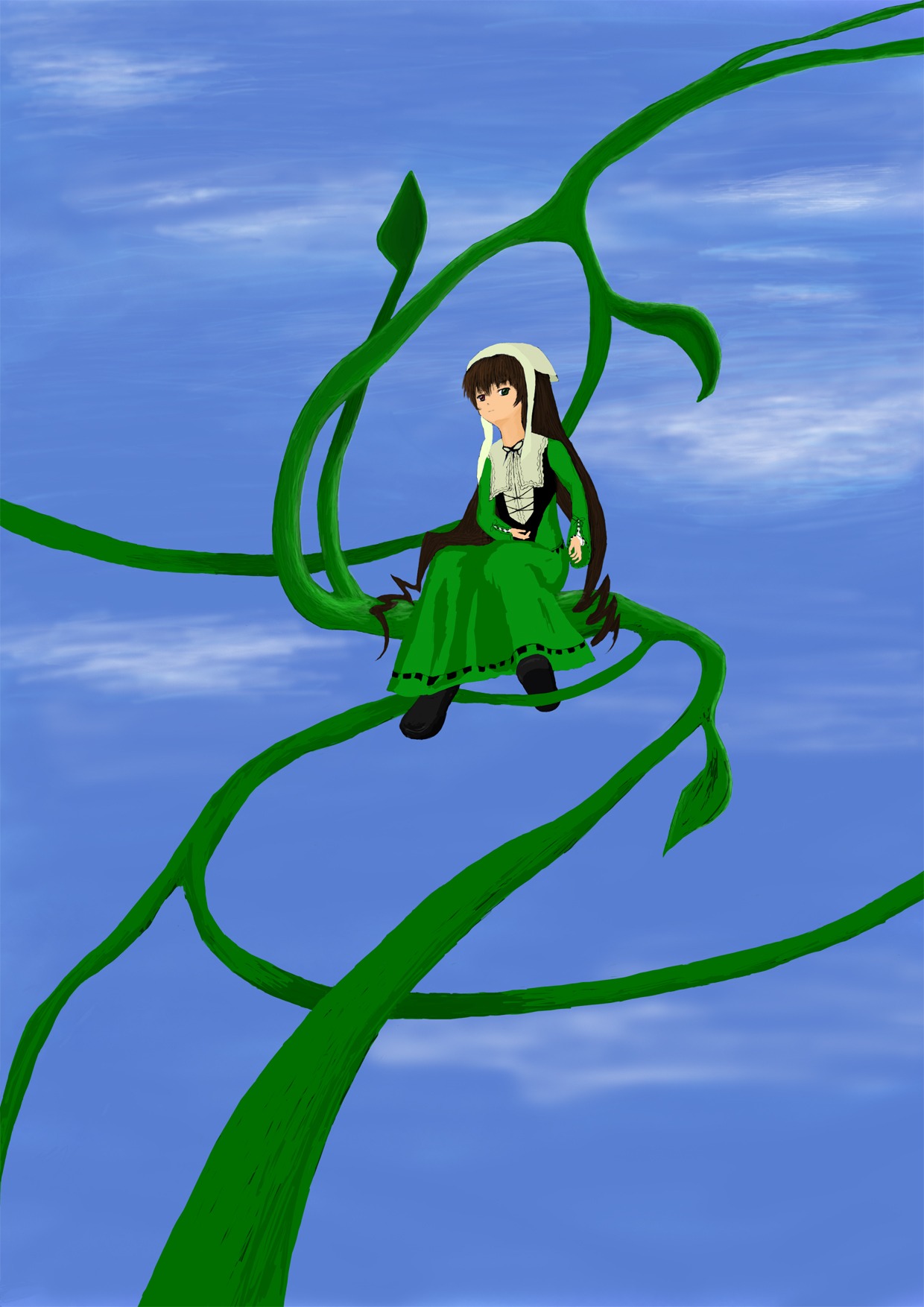 1girl blue_sky brown_hair cloud day dress green_dress image long_hair long_sleeves outdoors plant sky solo suiseiseki very_long_hair vines